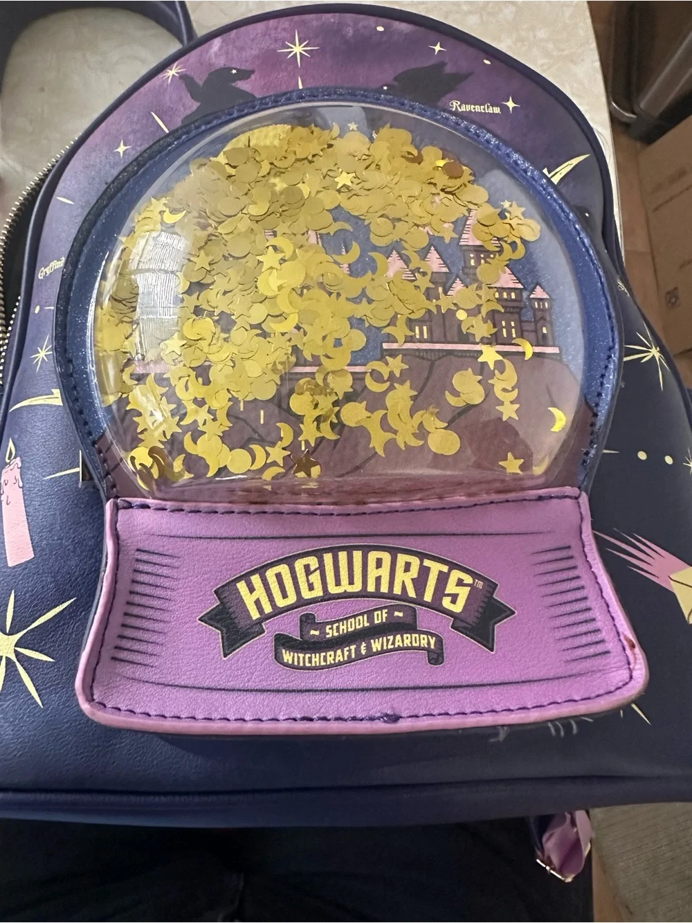 Box lunch Purple Hogwarts Snowglobe Mini Backpack with Gold Accents. NWOT